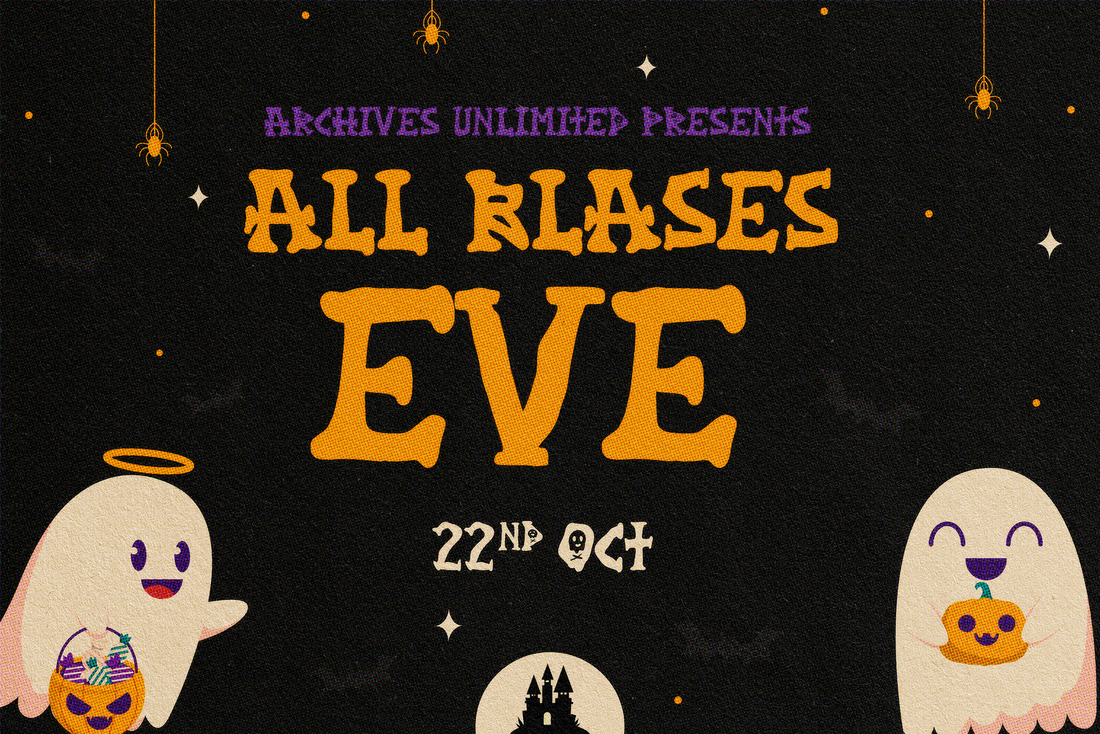 PicturePoster advertising All Blases Eve, a Halloween twitch stream that starts on Oct 22nd presented by Archives Unlimited; end ID